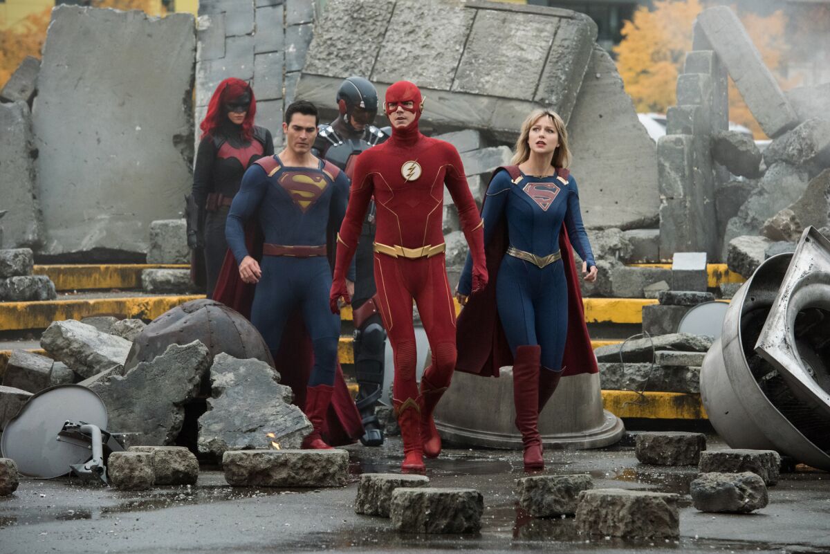 Ruby Rose, left, Tyler Hoechlin, Brandon Routh, Grant Gustin and Melissa Benoist in Part 1 of The CW's "Crisis on Infinite Earths" crossover event on "Supergirl."