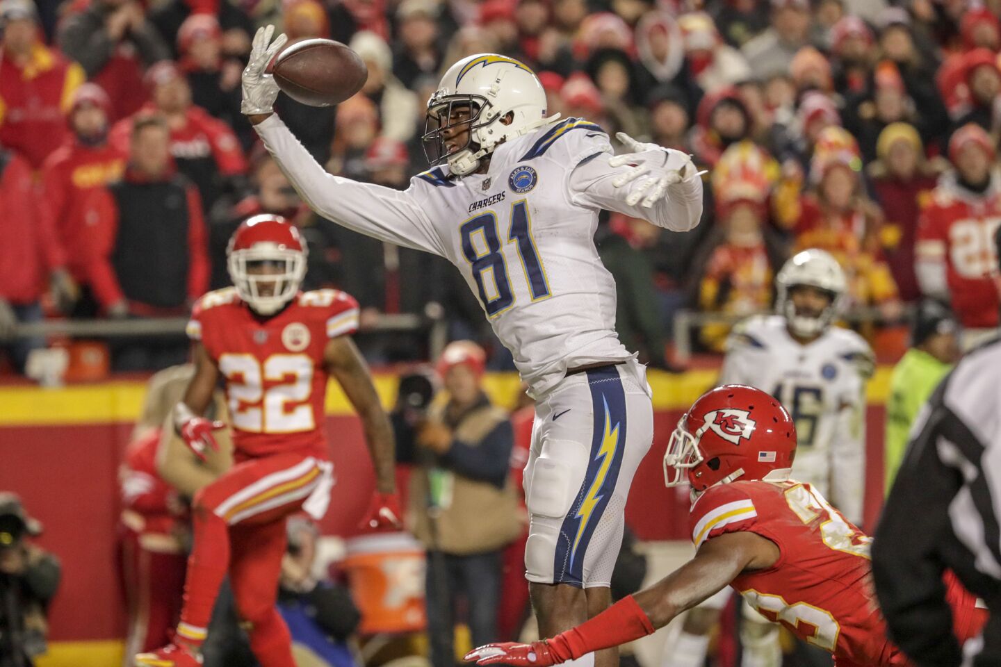 Chargers receiver can’t pull in a pass, but Chiefs cornerback Kendall Fuller was flagged for pass interference.