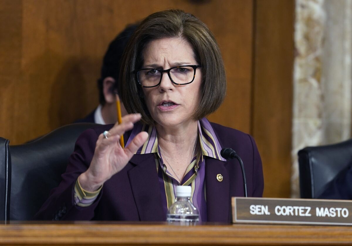 FILE - Sen. Catherine Cortez Masto, D-Nev., speaks during a Senate Energy and Natural Resources hearing to examine the President's proposed budget request for fiscal year 2023 for the Department of Energy, May 5, 2022, in Washington. Many of the nation’s most vulnerable Democrats are actively trying to distance themselves from Washington, including Cortez Masto who is nearing the end of her first six-year term. (AP Photo/Mariam Zuhaib, File)