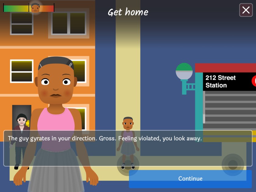 A scene from the game "SweetXheart" with onscreen text that reads, "The guy gyrates in your direction. Gross. Feeling violated, you look away."