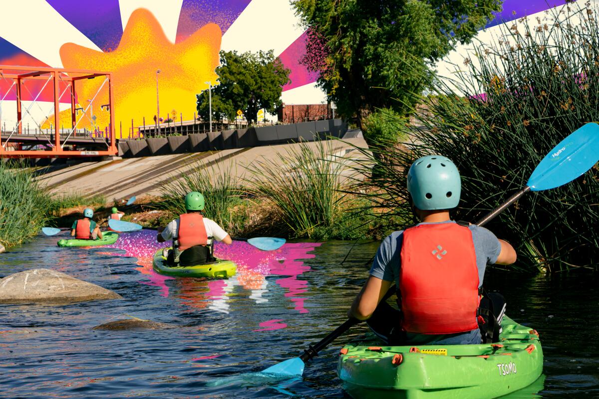 Kayaks on the L.A. River with an illustrated sky.