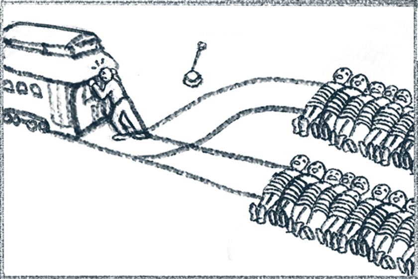 Comic panel of a person trying to hold back a train in front of two tracks full of people laying on them.