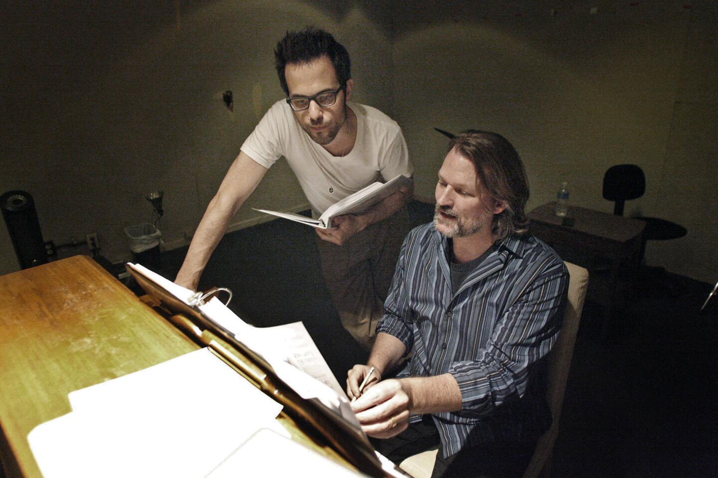 Sleepless in Seattle's composer Ben Toth, left, goes over some notes with musical director David O during rehearsal, which took place at the Pasadena Playhouse on Friday, May 10, 2013. Sleepless in Seattle will begin their performances from May 24th thru June 23rd.