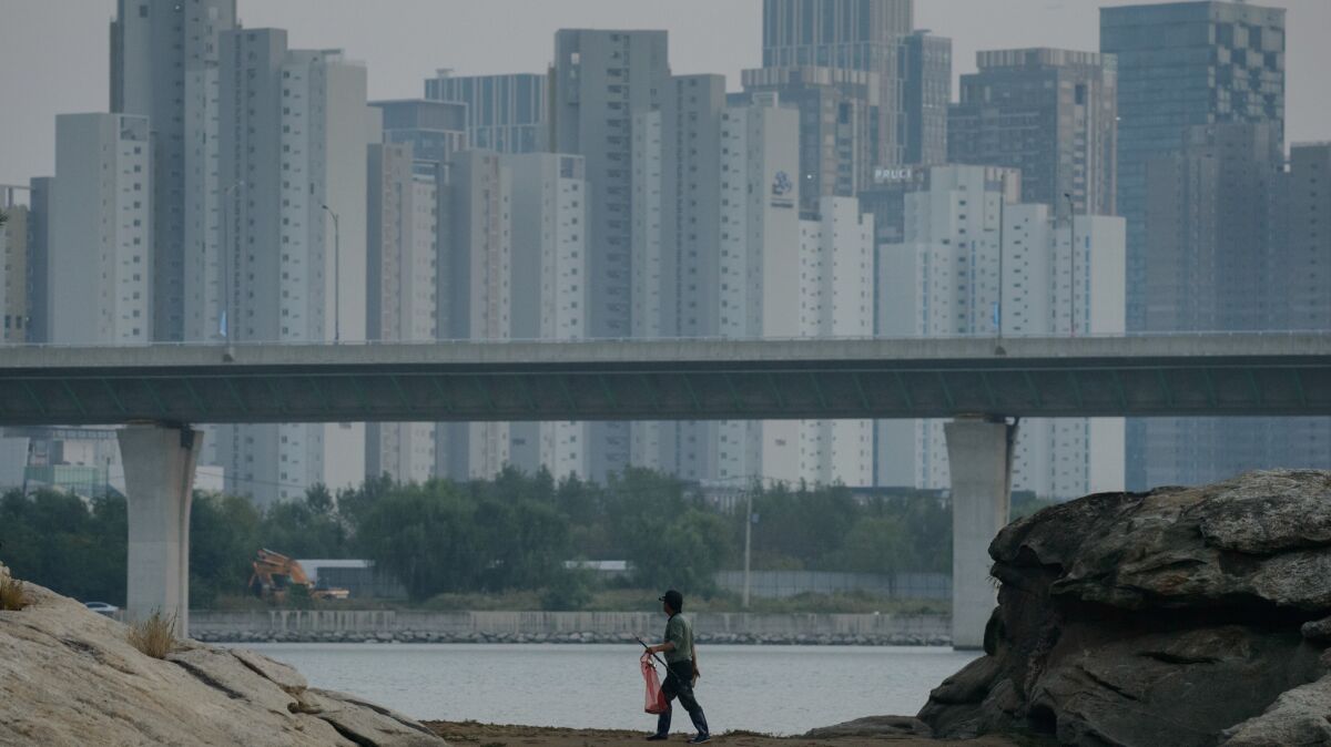 A fisherman walks along the waterfront, dwarfed by the apartment buildings in Songdo