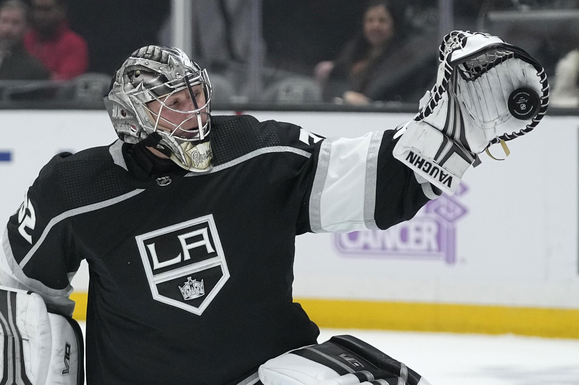 Kings goaltender Jonathan Quick makes a glove safe against the Panthers Nov. 5 in Los Angeles. 