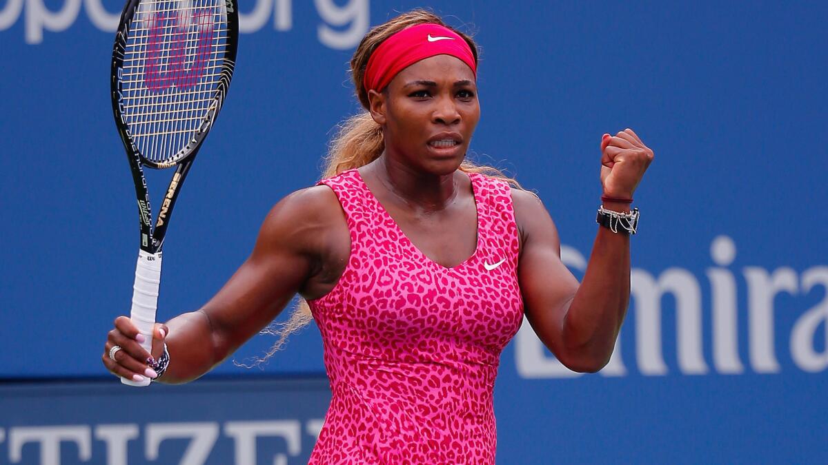 Serena Williams celebrates during her fourth-round win over Kaia Kanepi at the U.S. Open on Monday.