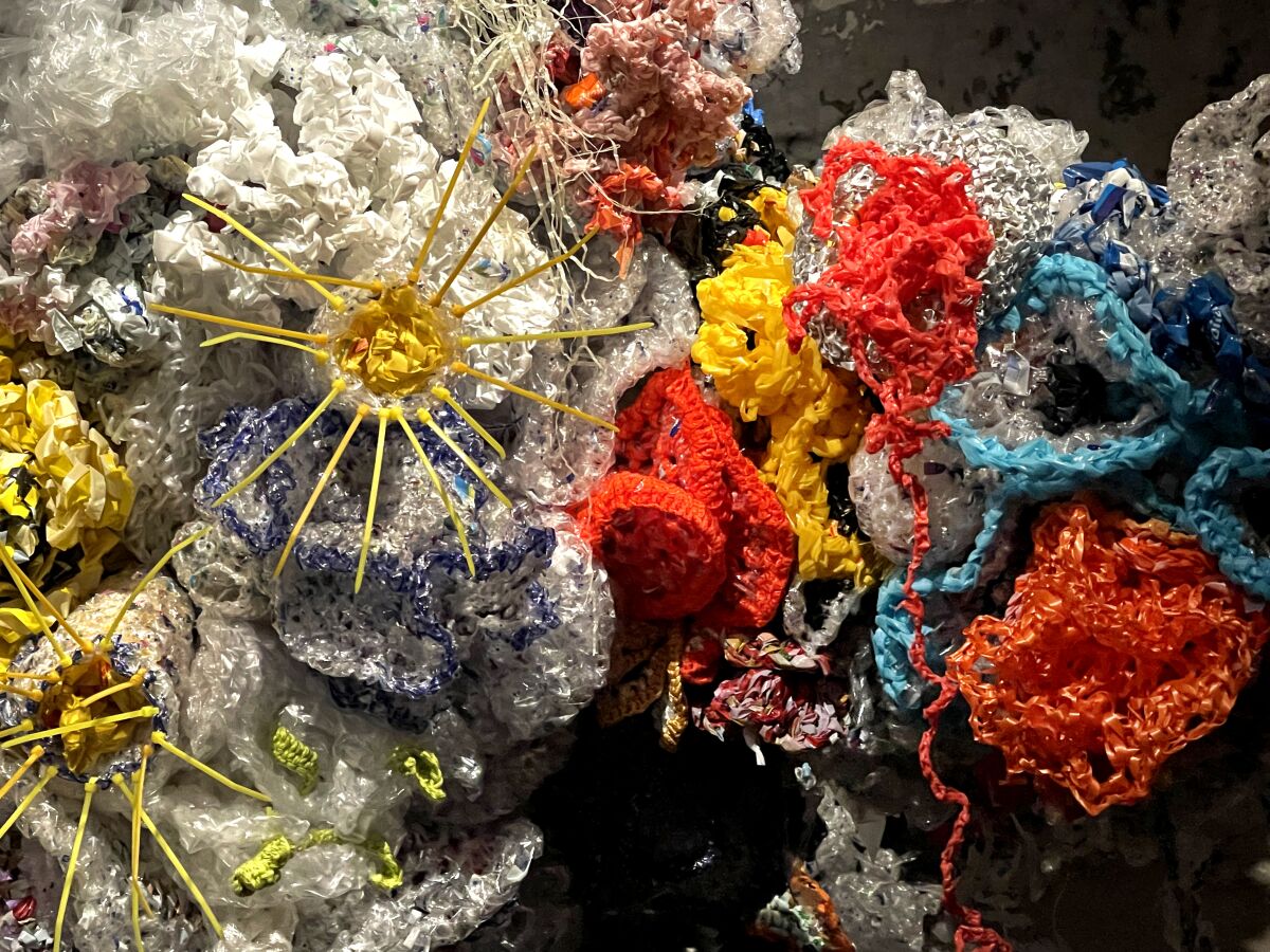 Detail of plastic crocheted coral reef 