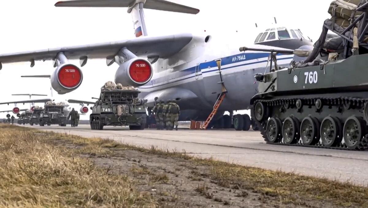 Russian military vehicles ready for loading onto plane