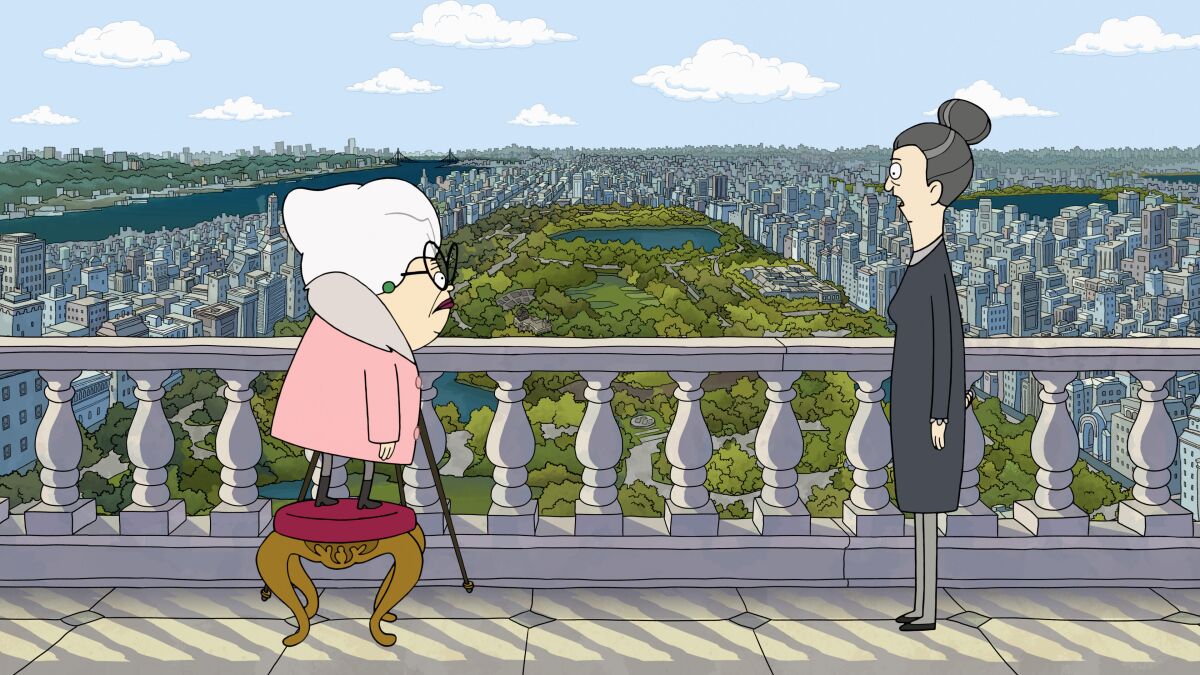 Bitsy, voiced by Stanley Tucci, left, and Helen, voiced by Daveed Diggs, in Apple TV+ animated series “Central Park.”
