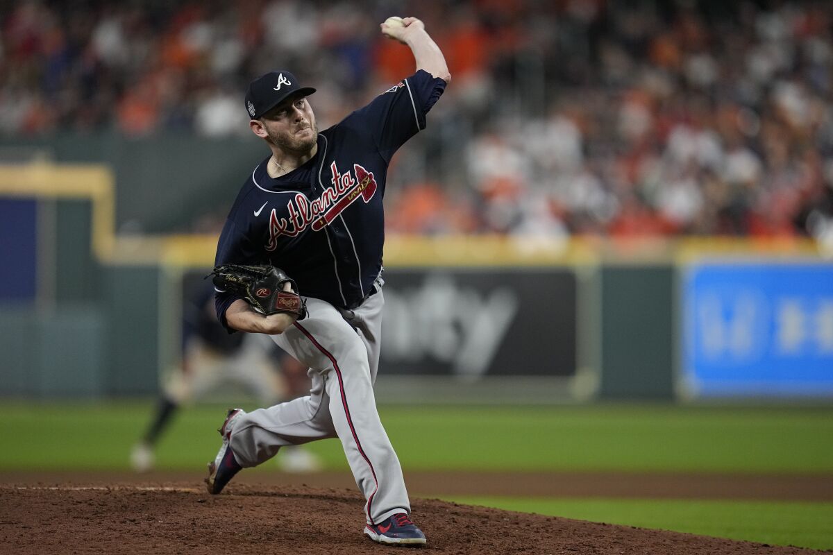 Atlanta Braves relief pitcher Tyler Matzek throws during the eighth inning of Game 1.