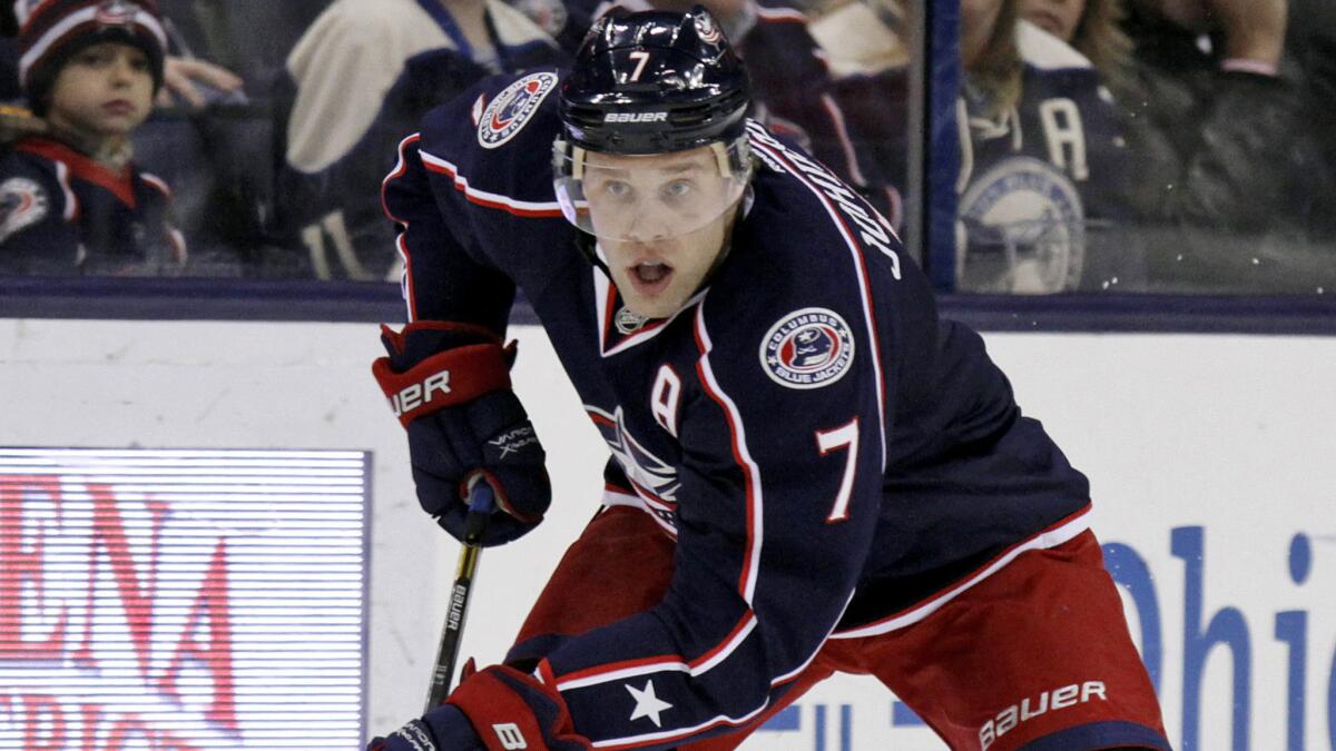 Columbus Blue Jackets defenseman Jack Johnson controls the puck during a game against the Ottawa Senators on Nov. 5. Johnson has filed for bankruptcy.