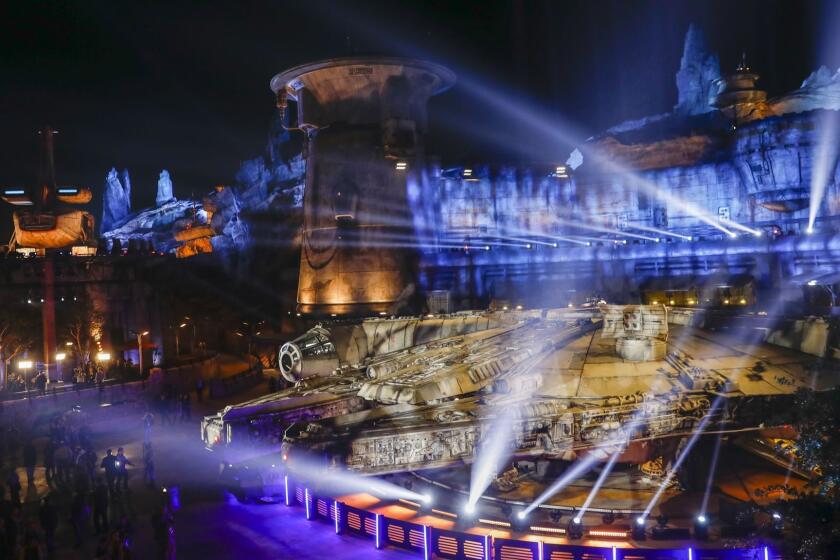 ANAHEIM, CA--MAY 29, 2019--The Millennium Falcon is aglow in lights, after its grand opening at the new "Star Wars: Galaxy?s Edge" at Disneyland Resort, in Anaheim, CA, May 29, 2019. (Jay L. Clendenin / Los Angeles Times)