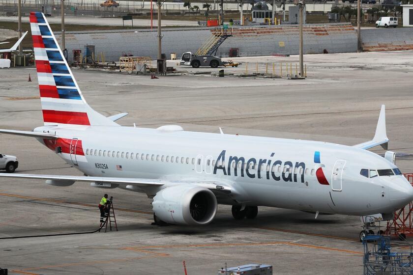 MIAMI, FL - MARCH 14: A grounded American Airlines Boeing 737 Max 8 is seen parked at Miami International Airport on March 14, 2019 in Miami, Florida. The Federal Aviation Administration grounded the entire United States Boeing 737 Max fleet. (Photo by Joe Raedle/Getty Images) ** OUTS - ELSENT, FPG, CM - OUTS * NM, PH, VA if sourced by CT, LA or MoD **