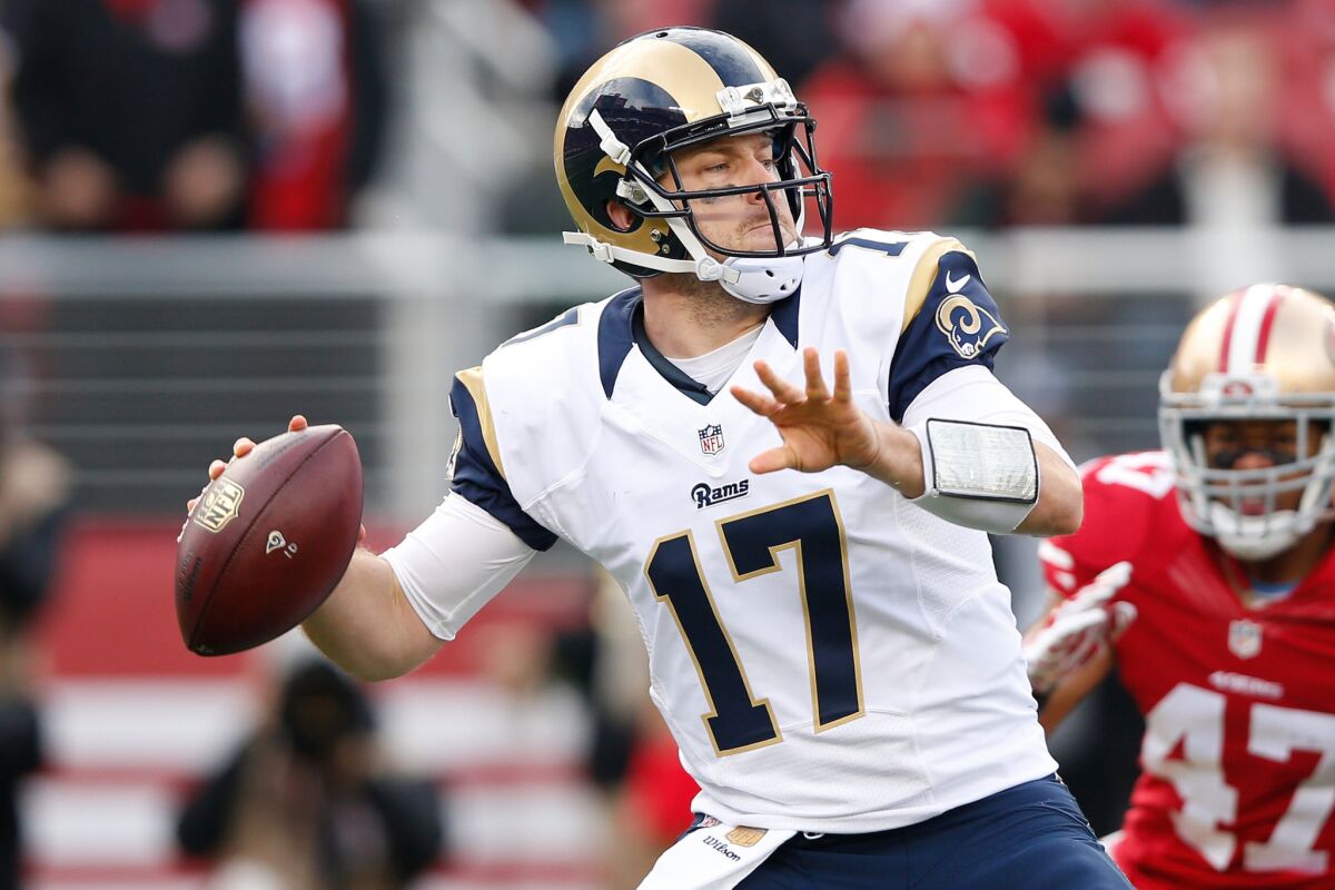 Quarterback Case Keenum looks to pass against San Francisco during a game against the 49ers on Jan. 3.