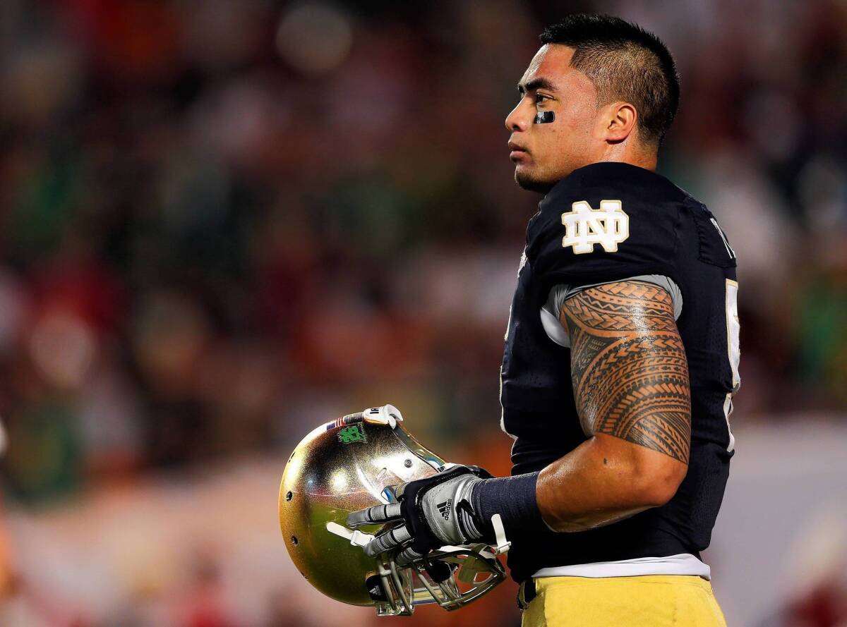 Manti Te'o of the Notre Dame Fighting Irish warms up before playing the Alabama Crimson Tide in the 2013 BCS National Championship game at Sun Life Stadium on Jan. 7, 2013, in Miami Gardens, Fla.