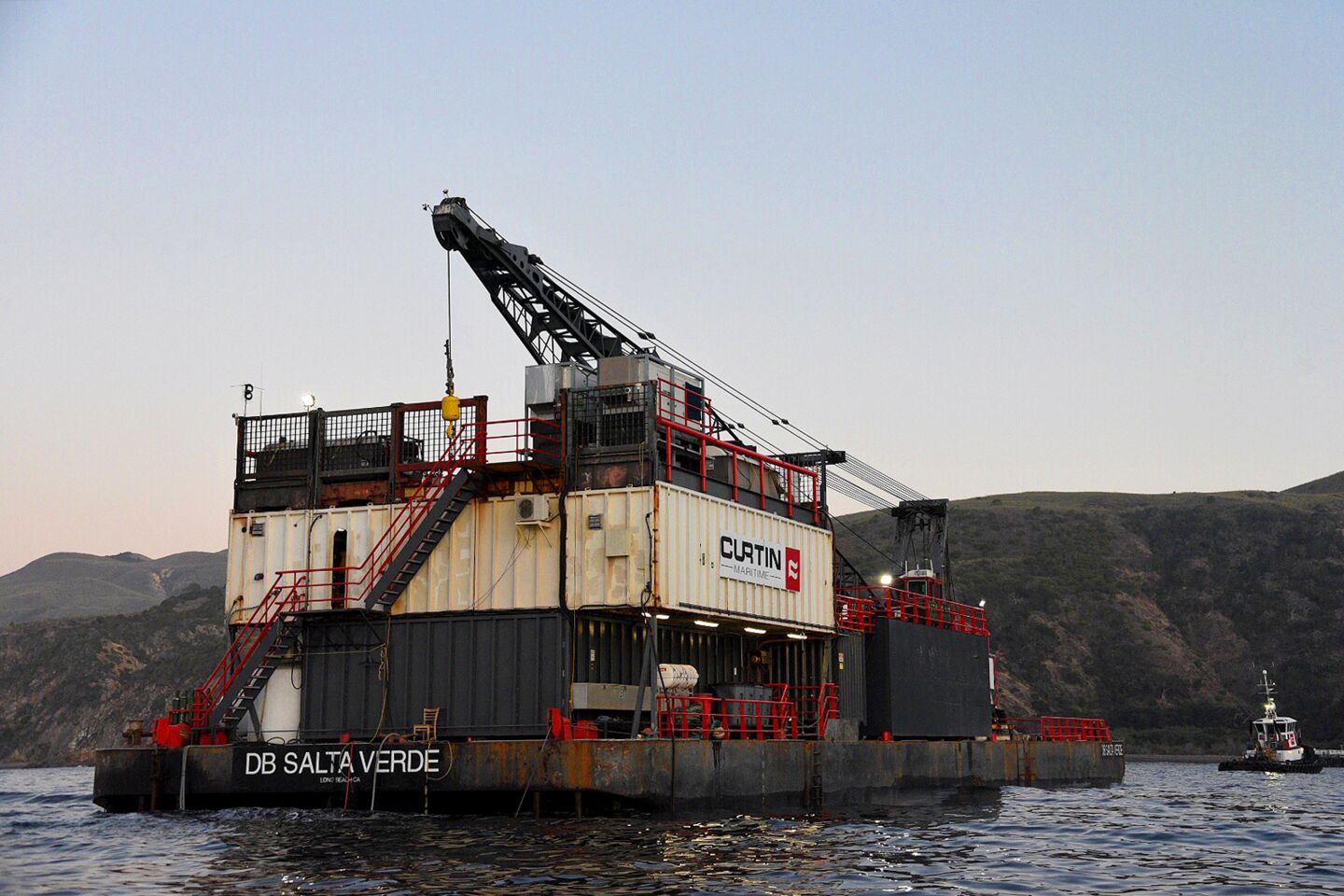 The derrick barge Salta Verde off the coast of Santa Cruz Island upon its arrival late Wednesday at the scene of the wreck of the dive boat Conception.
