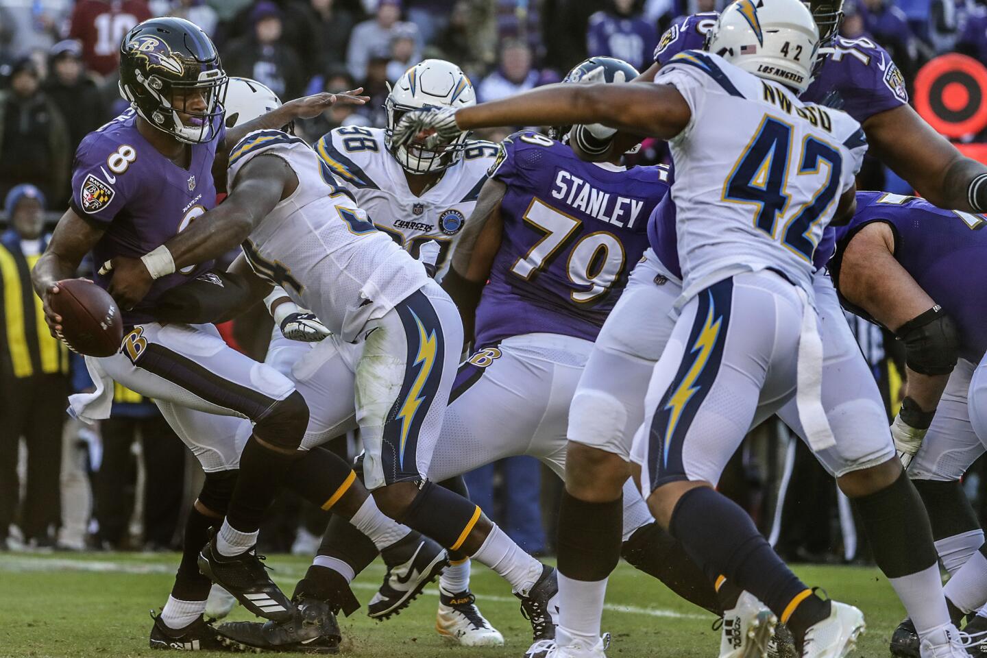 Chargers linebacker Melvin Ingram sacks Ravens quarterback Lamar Jackson during the third quarter.