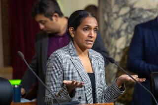 Los Angeles , CA - January 18: Nithya Raman, Councilmember District 4, at Los Angeles City Council meeting that approved a Homelessness Emergency Fund of approximately $50 million to help implement Mayor Karen Bass' Inside Safe program, held at Council Chambers in City Hall on Wednesday, Jan. 18, 2023 in Los Angeles , CA. (Irfan Khan / Los Angeles Times)