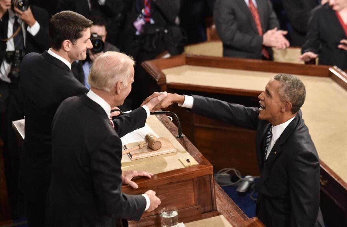 President Obama greets House Speaker Paul D. Ryan (R-Wis.) before his final State of the Union address Tuesday.