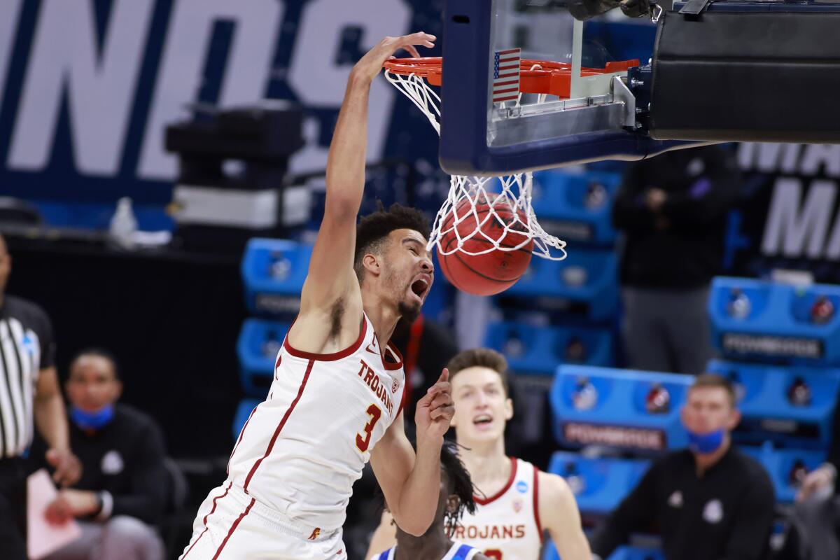 USC's Isaiah Mobley dunks during the Trojans' win over Drake in the first round of the NCAA tournament on Saturday.