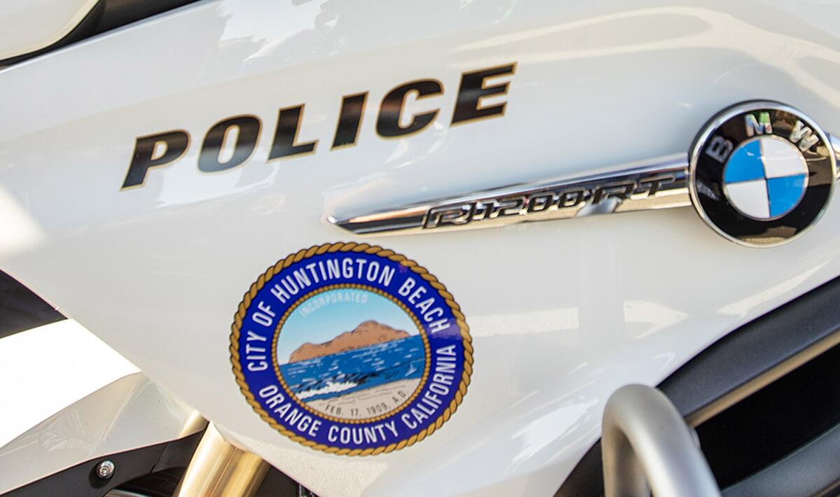 Detail photo of Huntington Beach police motorcycle.