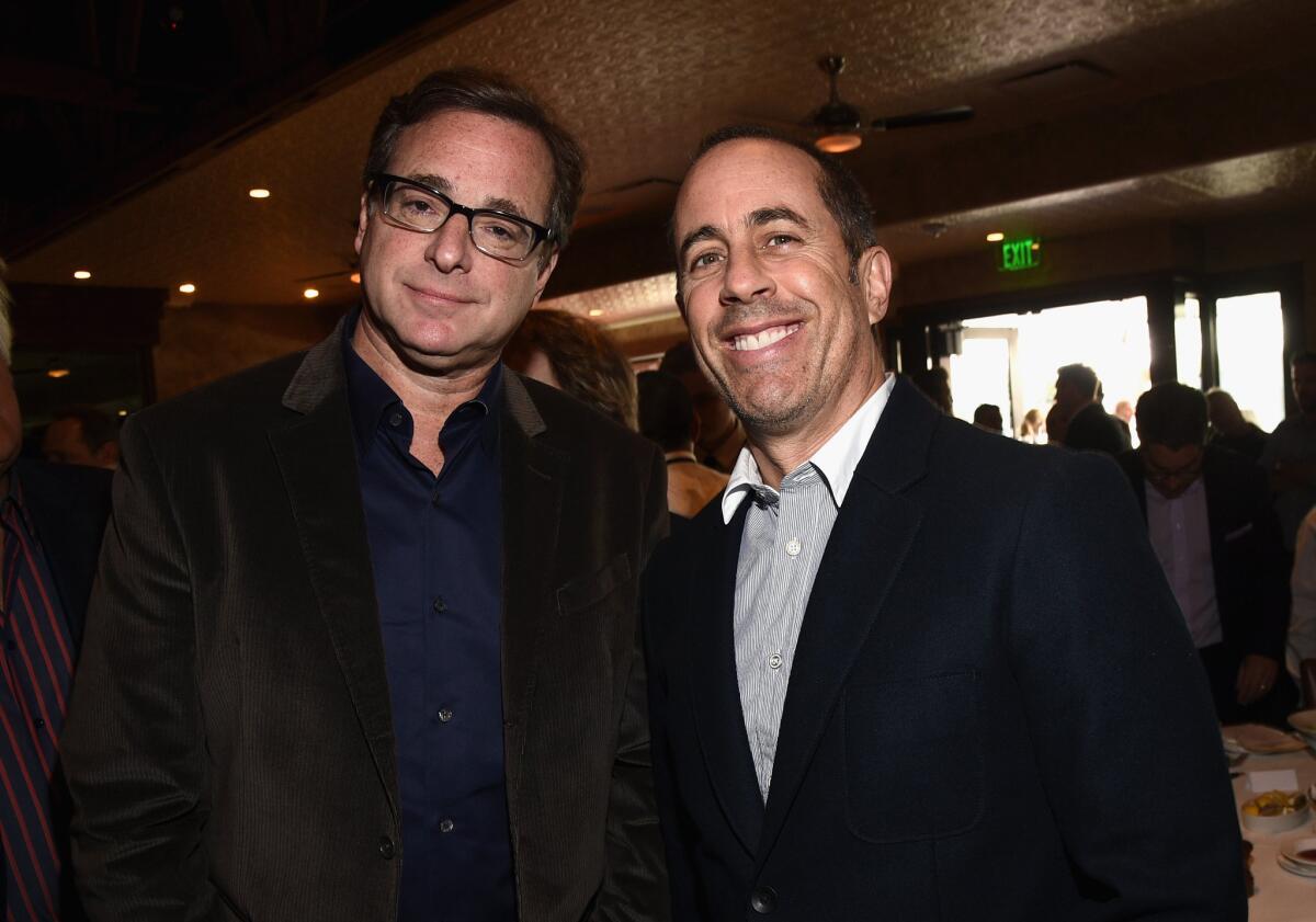 Bob Saget, left, hangs with Jerry Seinfeld at the L.A. Fatherhood Lunch in March to benefit Baby Buggy. Saget will host a culinary comedy event called Cool Comedy - Hot Cuisine in Los Angeles in June.