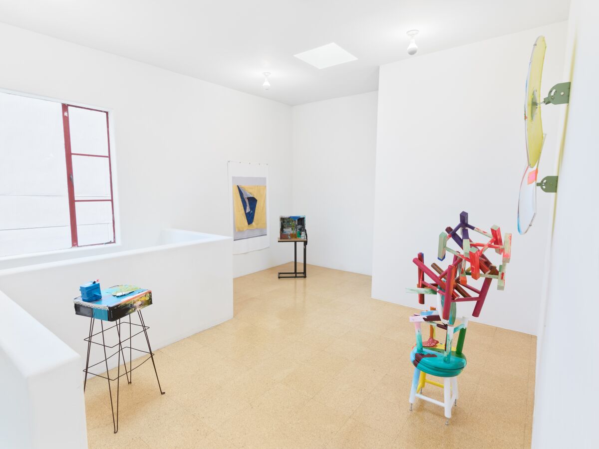 "Four Eyes," made of seven stools and two wall-mounted mirrors, is part of Jessica Stockholder's installation “Digital Thoughts” at the Los Angeles gallery 1301PE.