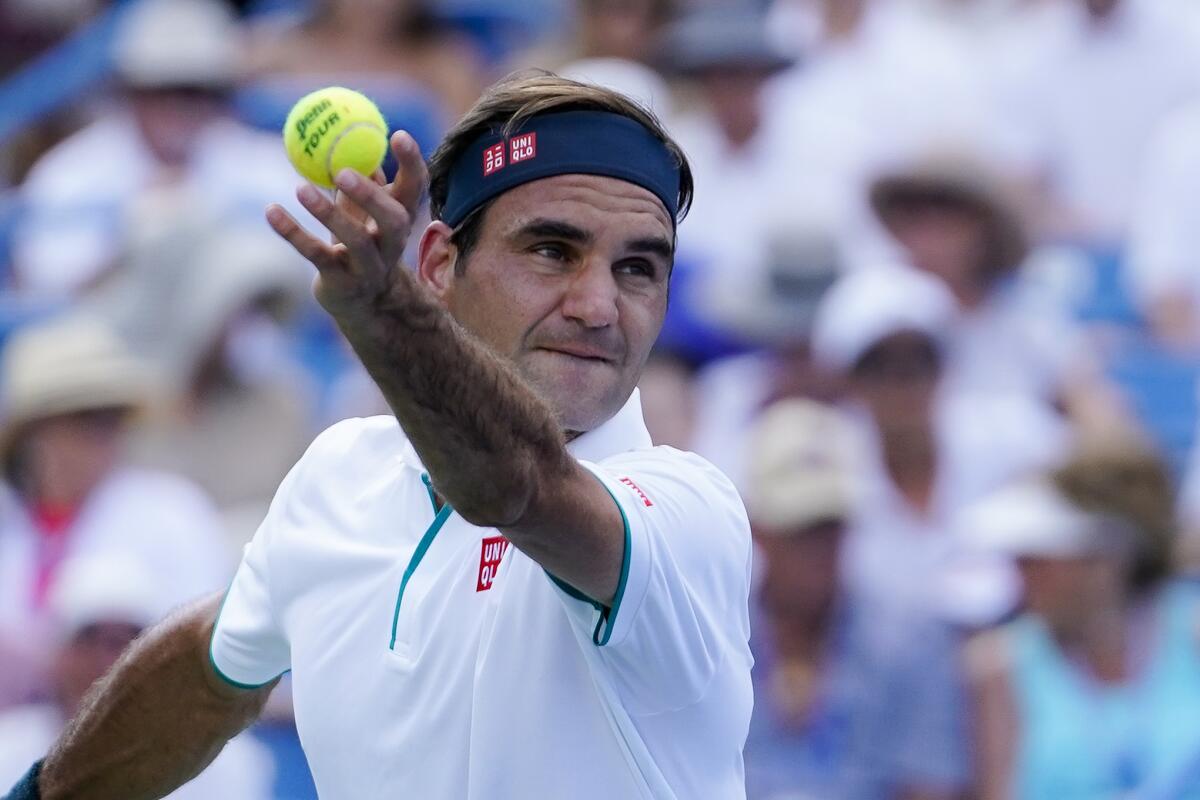 Roger Federer serves during his loss to Andrey Rublev in the quarterfinals of the Western and Southern Open on Aug. 15.