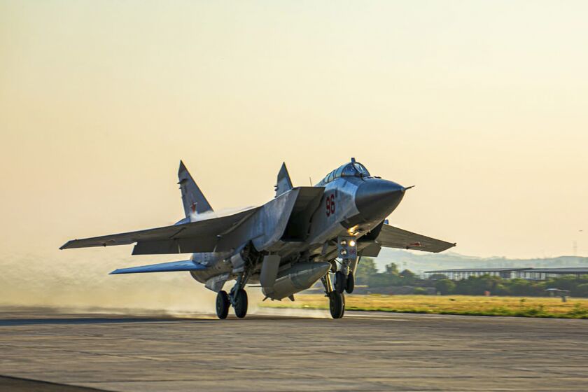 FILE - In this photo released by Russian Defense Ministry Press Service, a Russian MiG-31 fighter jet carrying a Kinzhal missile takes off from the Hemeimeem air base in Syria on June 25, 2021. The Russian military on Friday launched sweeping maneuvers in the Mediterranean Sea featuring warplanes capable of carrying hypersonic missiles, a show of force amid a surge in tensions following an incident with a British destroyer in the Black Sea. (Russian Defense Ministry Press Service via AP, File)