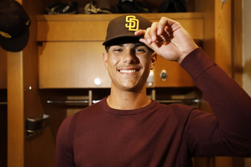 San Diego CA - January 17: The San Diego Padres signed 16-year-old catcher Ethan Salas of Caracas, Venezuela, shown here in the clubhouse at Petco Park on Tuesday, January 17, 2023. (K.C. Alfred / The San Diego Union-Tribune)