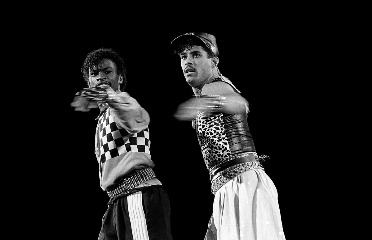 "Breakin'" costars Michael "Boogaloo Shrimp" Chambers, left, and Adolfo "Shabba-Doo" Quiñones perform in Chicago in 1985.