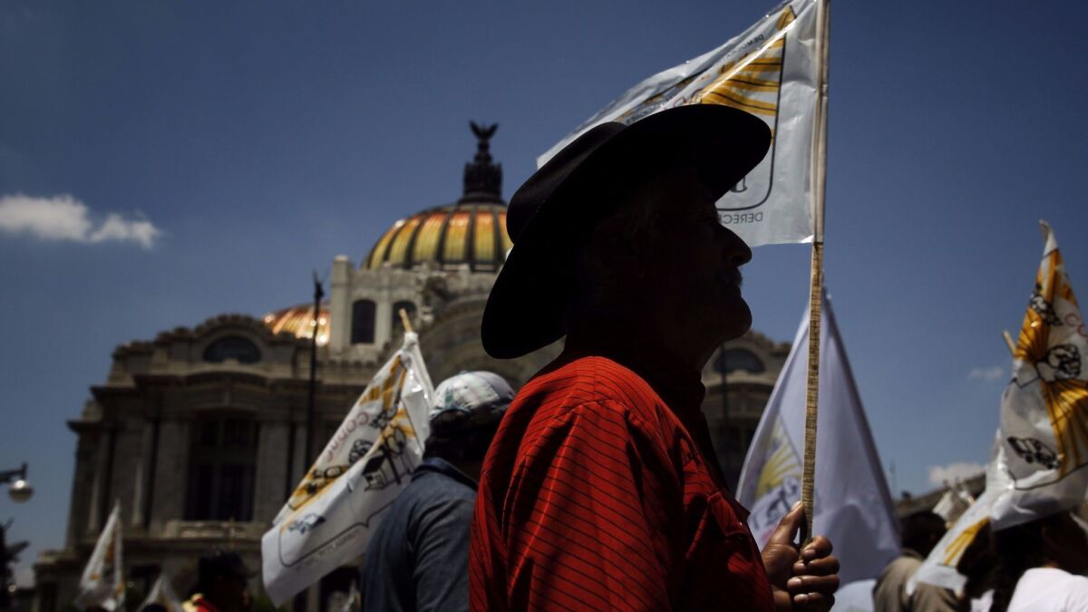 Peasants march in Mexico City in August calling for the abolition of the agricultural chapter of the North American Free Trade Agreement.