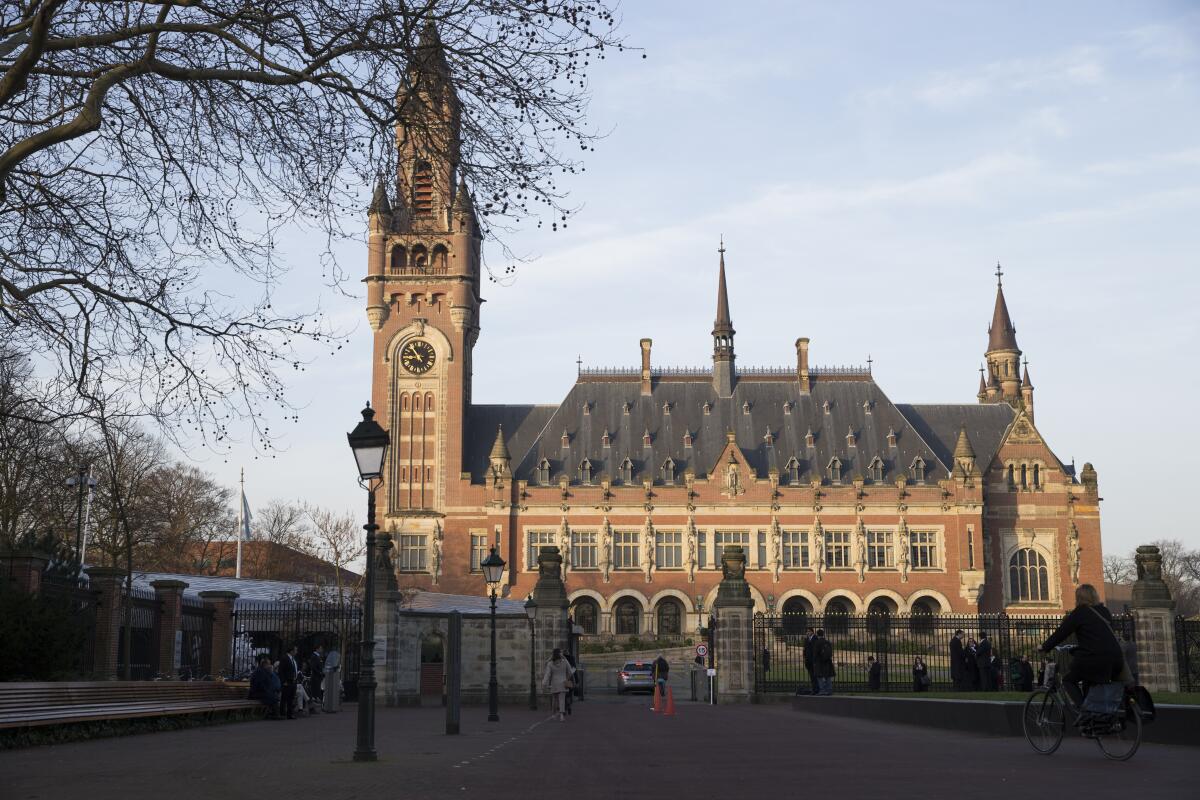 FILE - Exterior view of the Peace Palace, which houses the International Court of Justice, or World Court, in The Hague, Netherlands, Monday, Feb. 18, 2019. Chile went to the United Nations' highest court Friday to seek a resolution in a long-running dispute with its Latin American neighbor Bolivia over the use of the waters of a river that flows across both nations. (AP Photo/Peter Dejong, File)