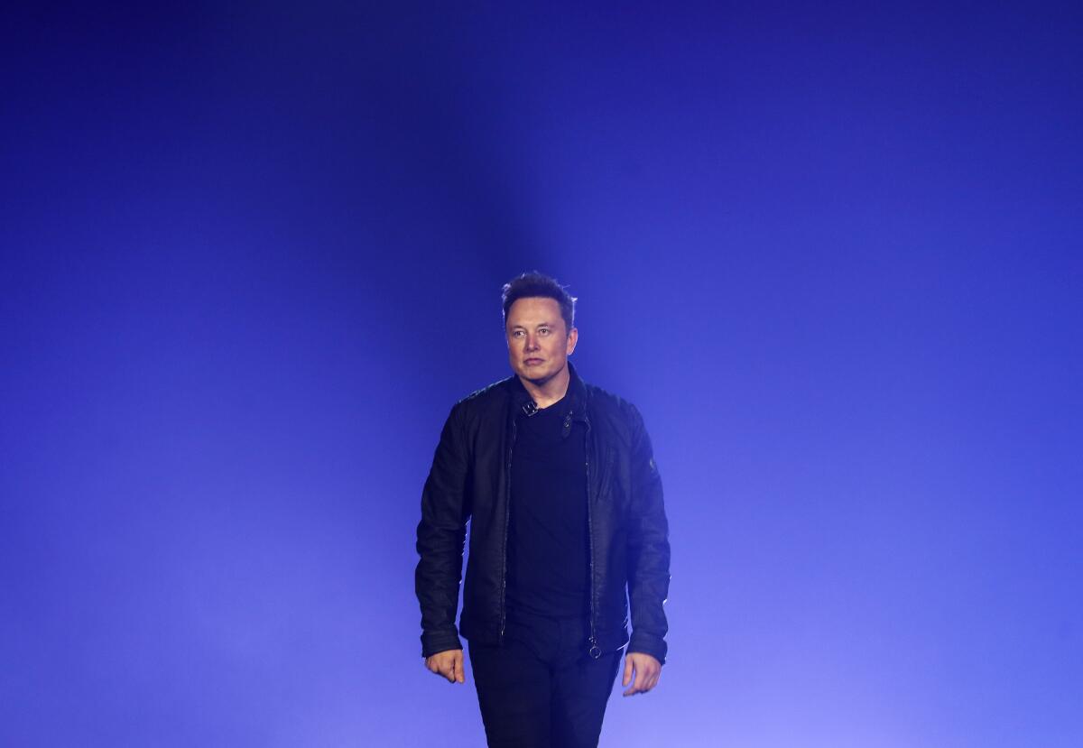 Tesla CEO Elon Musk dressed in black wearing a jacket on a solid blue background.