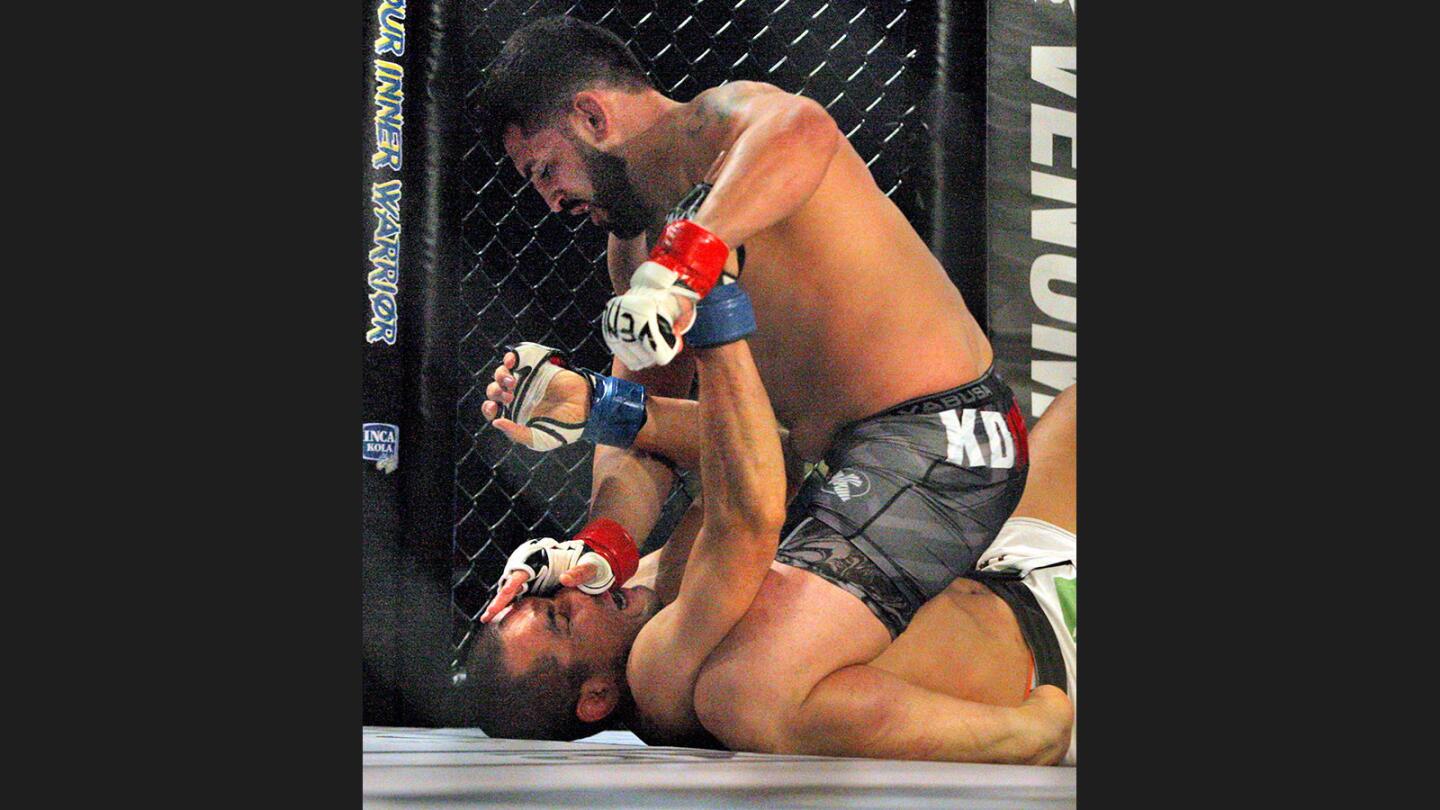 MMA fighter Karen Darabedyan has opponent Sam Liera on the matt as he punches his face in a main event for Legacy Fighting Alliance 13 at the Los Angeles Marriott Burbank Airport on Friday, June 2, 2017. Darabedyan defeated Liera in the second round.