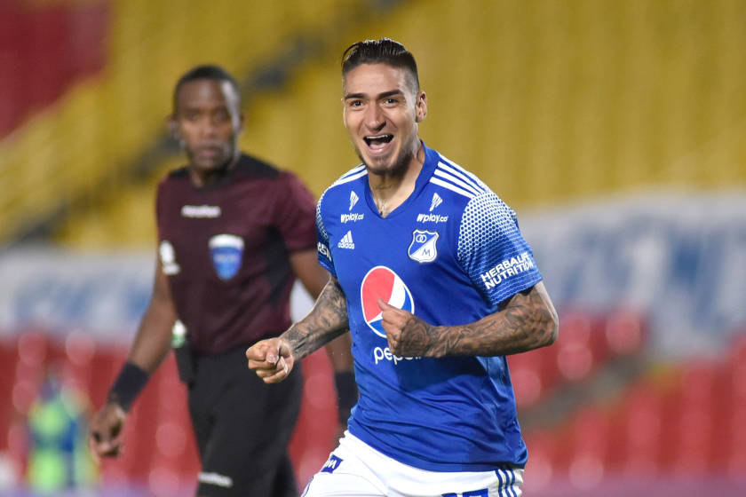 BOGOTA, COLOMBIA - OCTOBER 28: Cristian Arango of Millonarios celebrates after scoring the first goal.