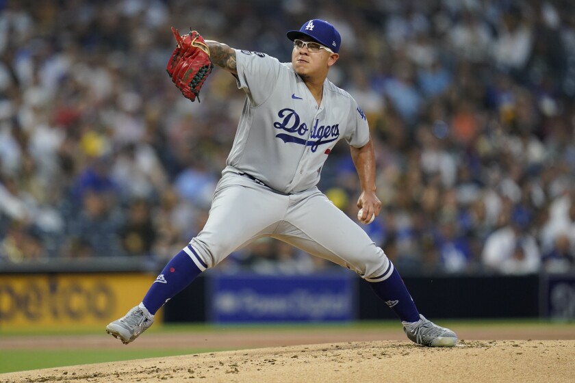 Dodgers pitcher Julio Urias works against a San Diego Padres batter.