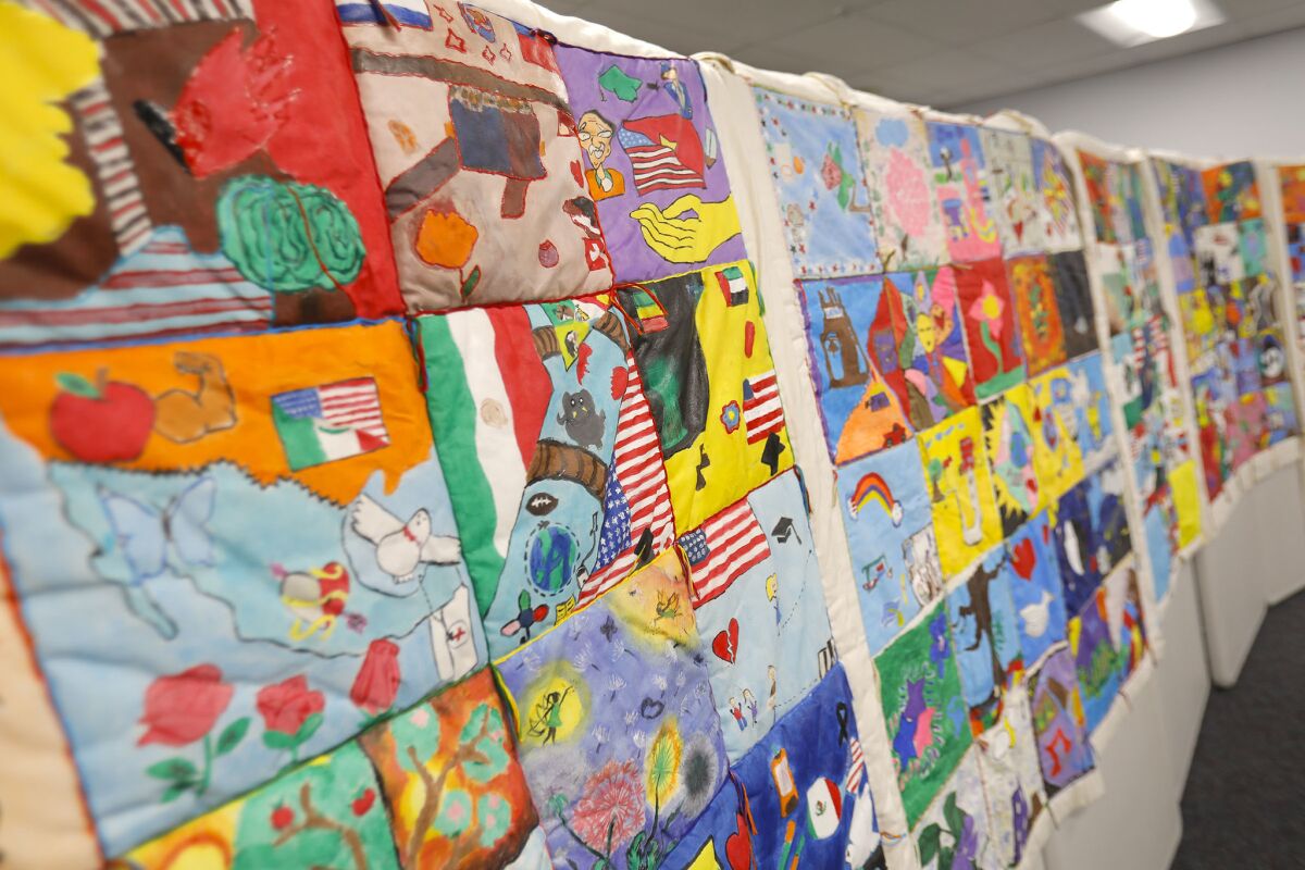 A quilt represents refugee or immigrant students at Hoover High School.