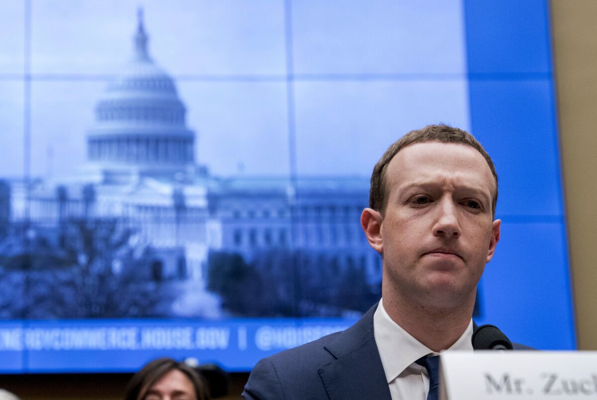 Facebook CEO Mark Zuckerberg is shown during a House Energy and Commerce hearing on Capitol Hill in 2018.