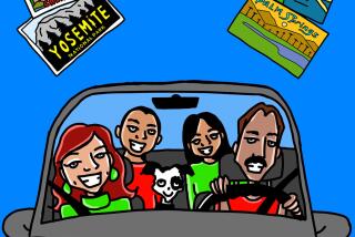 Illustration of a family in a car and postcards 
