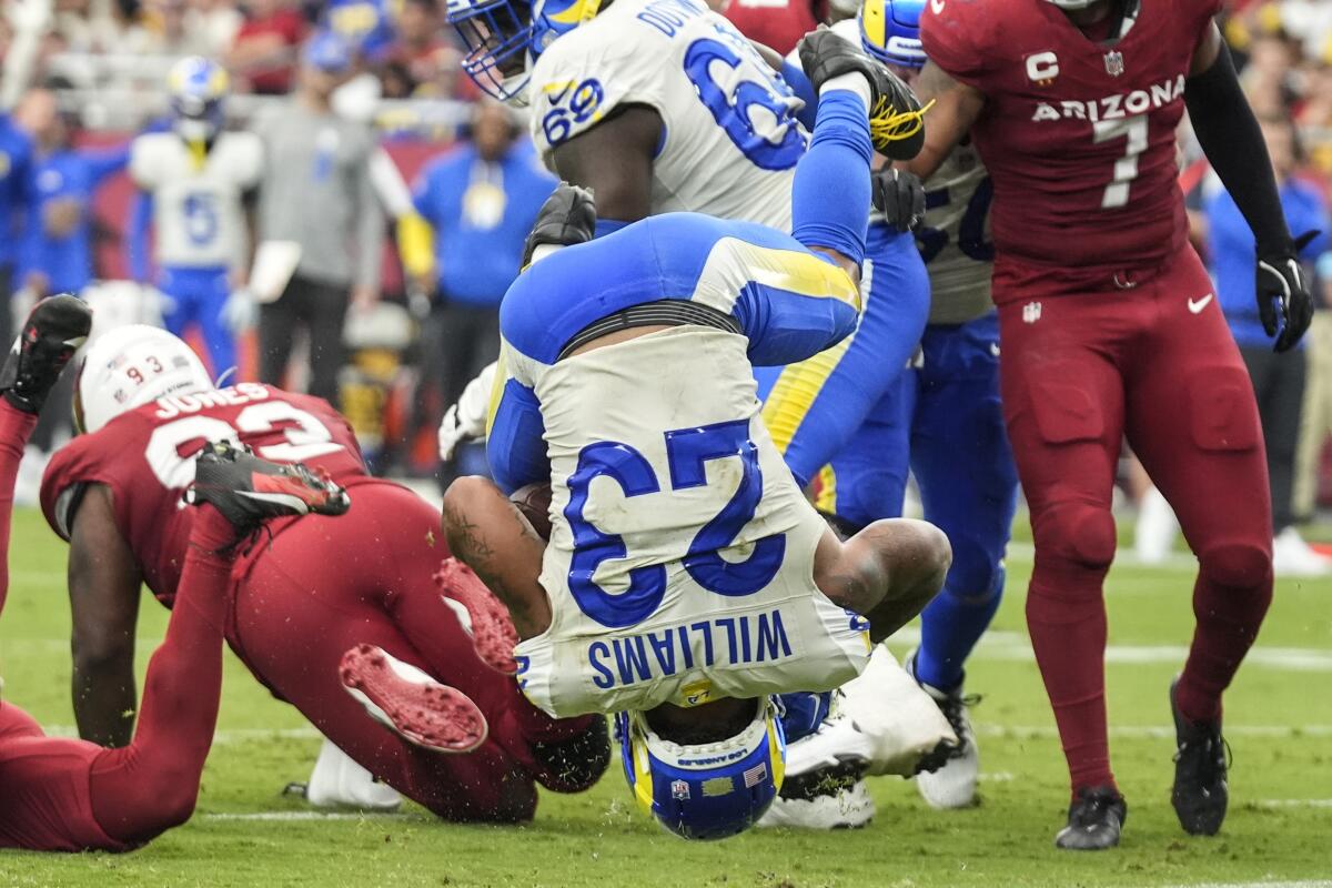 Rams running back Kyren Williams scores a touchdown during a 41-10 loss to the Arizona Cardinals at State Farm Stadium.