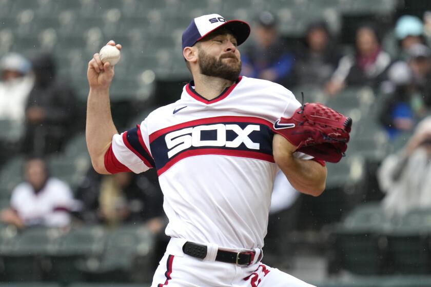 Chicago White Sox starting pitcher Lucas Giolito throws against the Miami Marlins during the first inning of a baseball game in Chicago, Sunday, June 11, 2023. (AP Photo/Nam Y. Huh)
