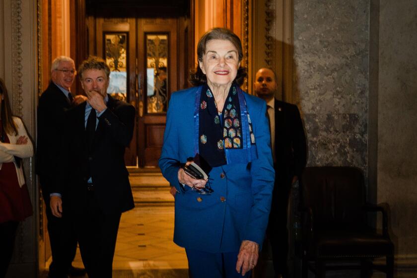 WASHINGTON, DC - FEBRUARY 14: Sen. Dianne Feinstein (D-CA) exits the Senate Chamber following a vote at the U.S. Capitol on Tuesday, Feb. 14, 2023 in Washington, DC. Feinstein, California's longest-serving senator, announced she will not run for reelection next year, marking the end to one of the state's most storied political careers. She plans to remain in office through the end of her term.