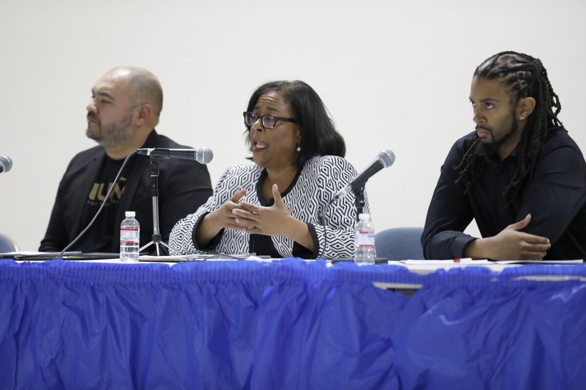 Candidates Jorge Nuño, former City Councilwoman Jan Perry and Rene Rigard at the Los Angeles Supervisor County District 2 debate hosted by the League of Woman Voters and the West Adams Neighborhood Council at Holman United Methodist Church.