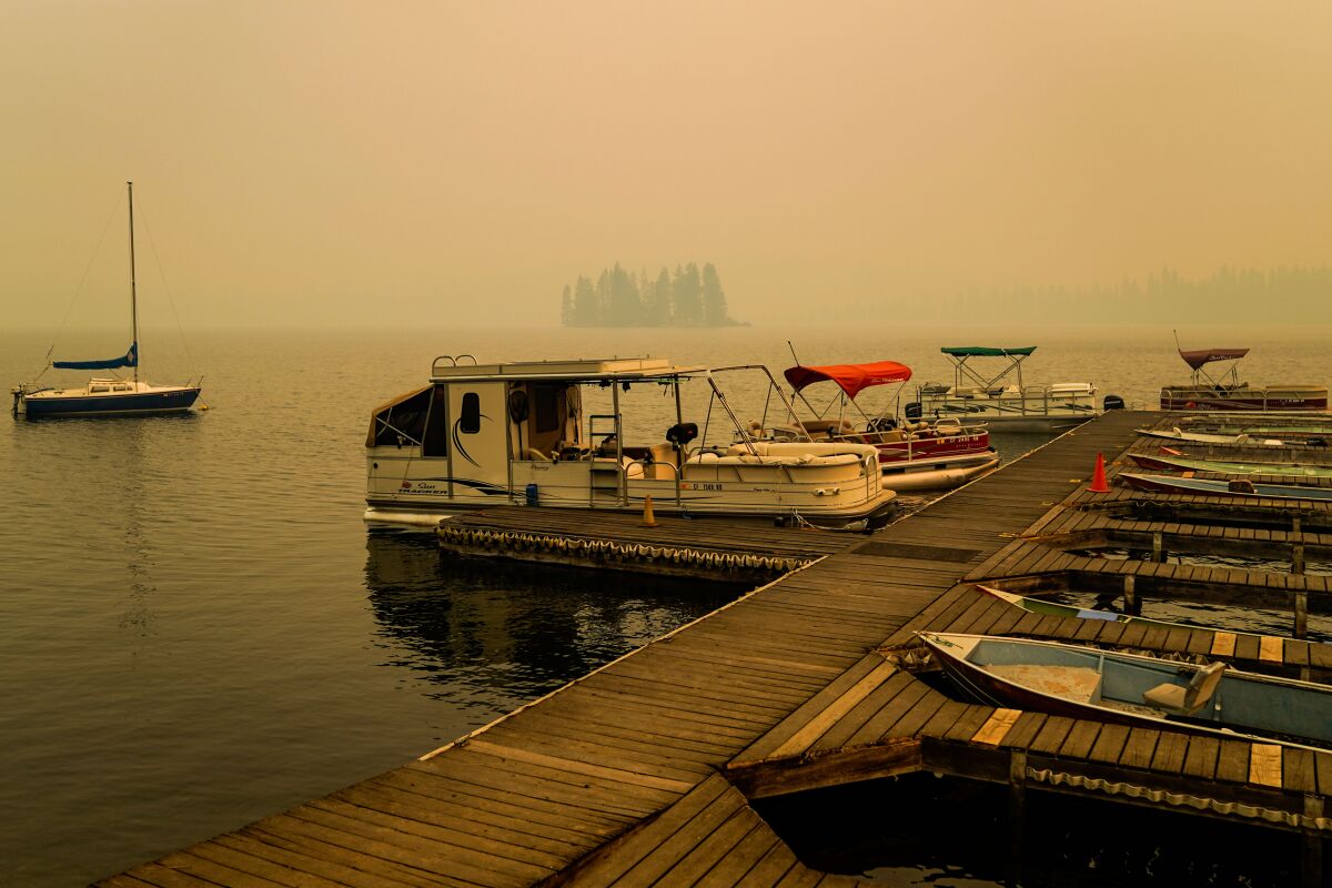 Smoke from the Creek fire hangs in the air in Huntington Lake, Calif. 