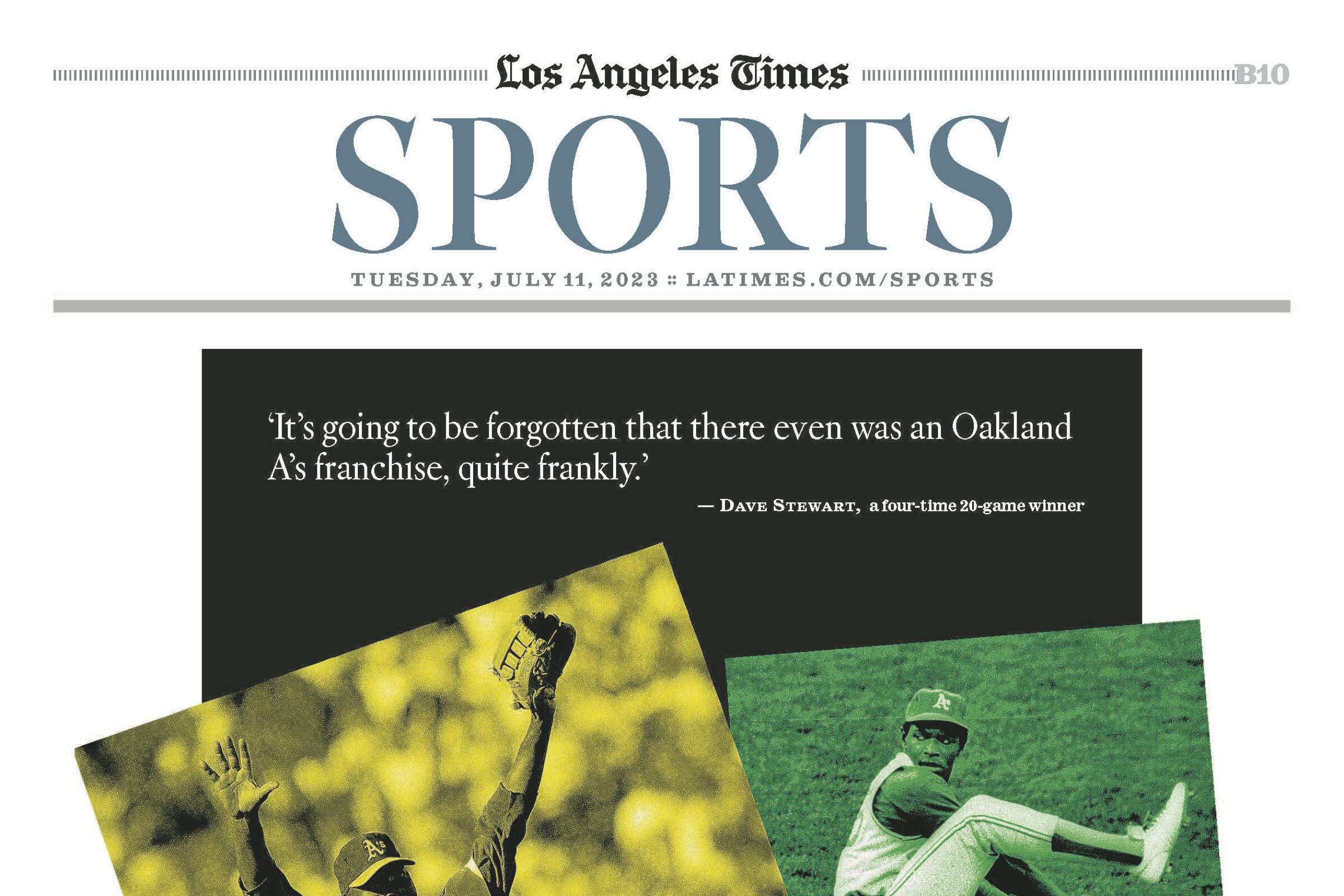 An illustration that includes sports photos and part of The Times Sports section cover