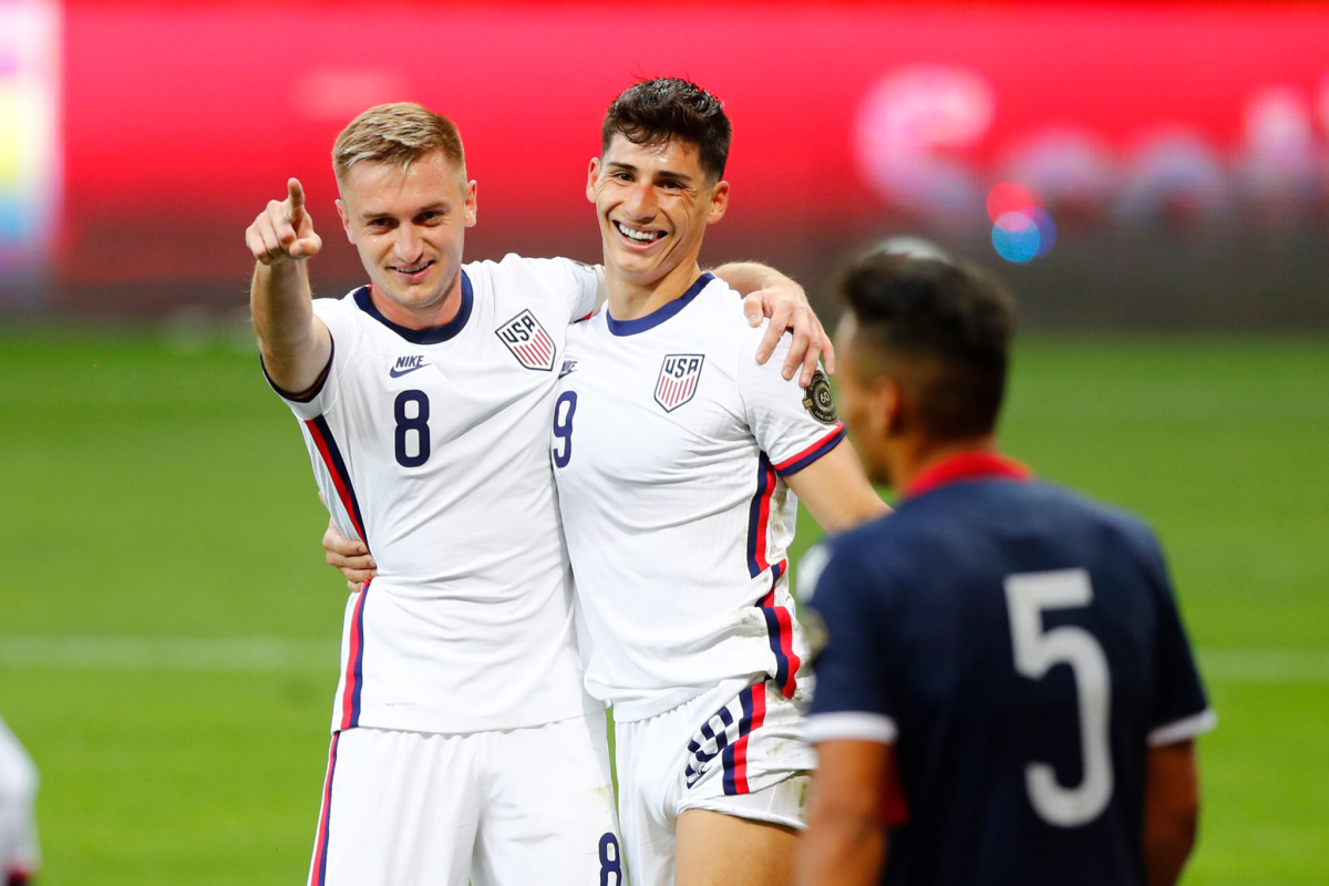U.S. forward Djordje Mihailovic celebrates with teammate Sebastian Soto after scoring against the Dominican Republic.