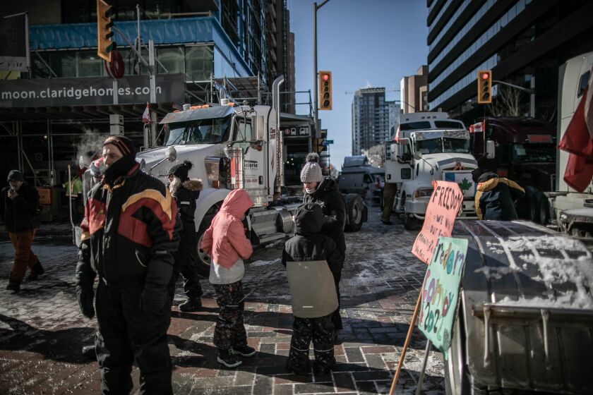 OTTAWA, CANADA - FEBRUARY 13: Protestors continue their protest against the coronavirus vaccine mandates in the country, in Ottawa, Canada on February 13, 2022. (Photo by Amru Salahuddien/Anadolu Agency via Getty Images)