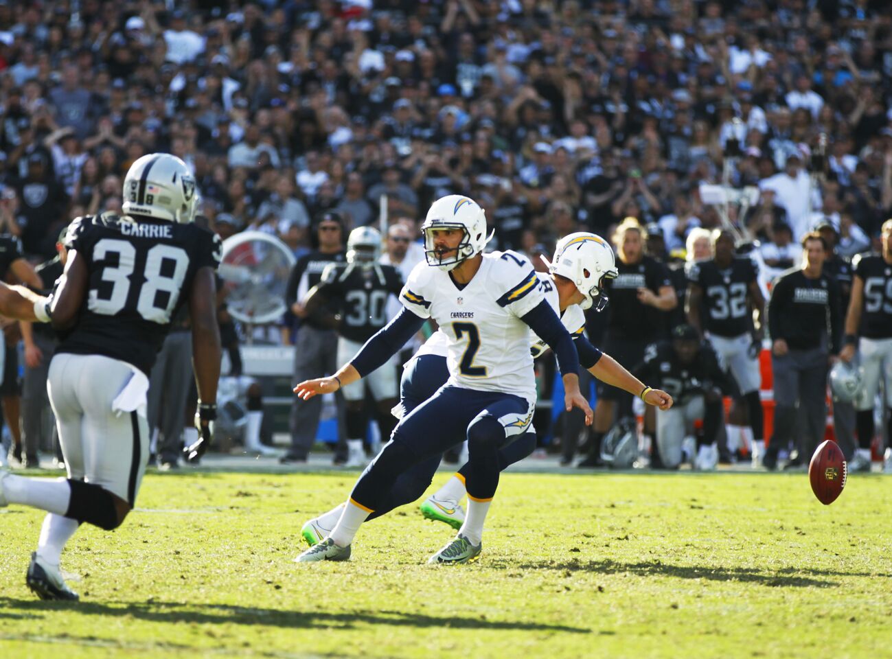 The snap gets by San Diego Chargers holder Drew Kaser on a game tying field goal attempt by Josh Lambo (2) in the 4th quarter in Oakland on Oct. 9, 2016. (Photo by K.C. Alfred/The San Diego Union-Tribune)