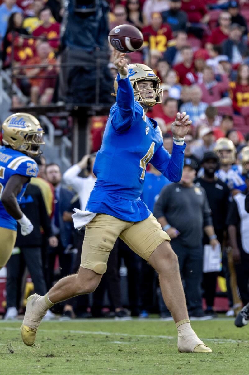 UCLA quarterback Ethan Garbers passes during a 38-20 victory over USC at the Coliseum.